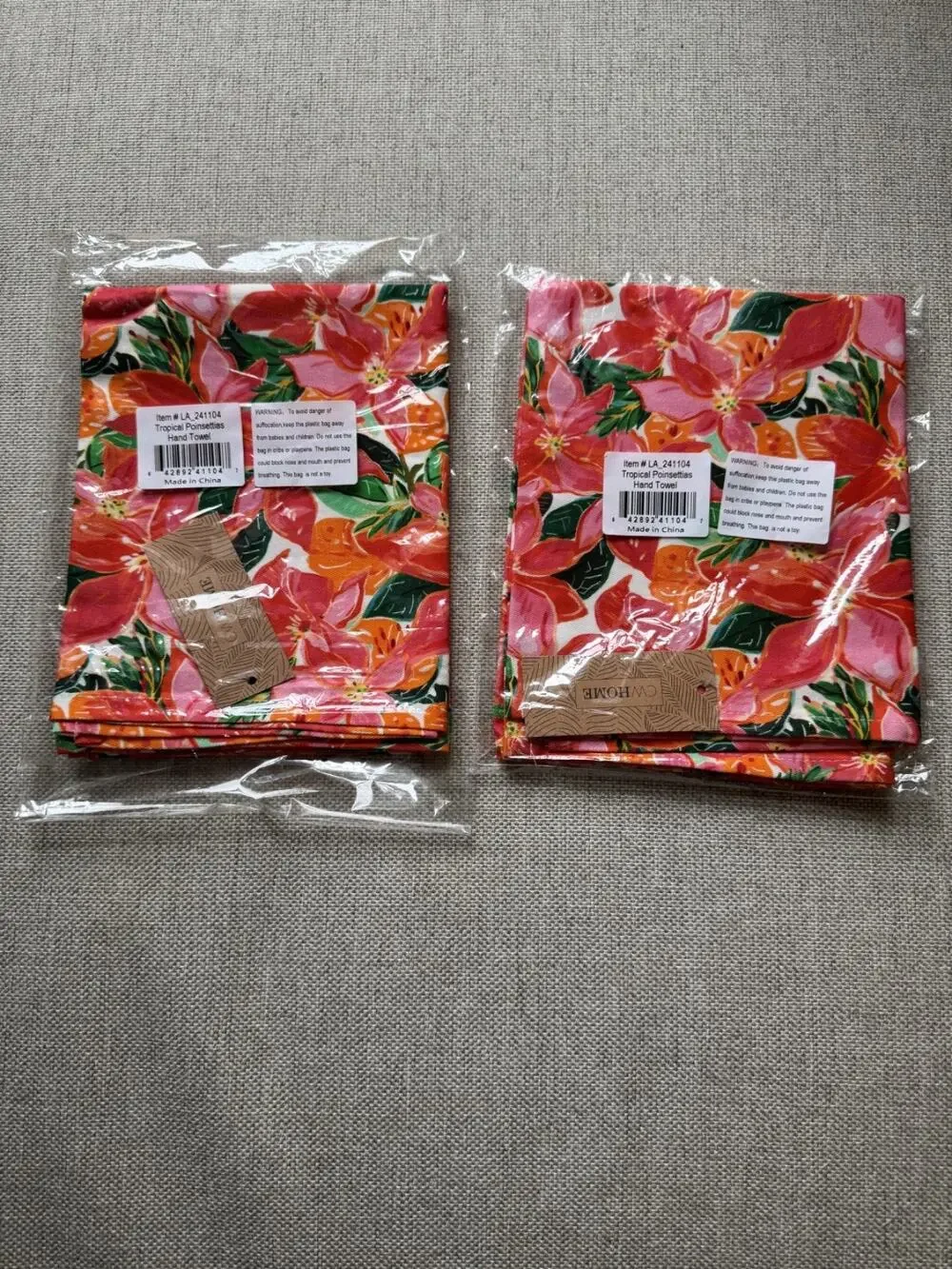 CW Home Tropical Poinsettia Kitchen Towels Qty 2 Cotton Floral Pink Orange NWT